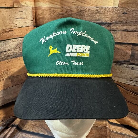 Vintage John Deere Dealer Hat Cap Green Snapback Thompson Implement Olton TX USA - Picture 1 of 7